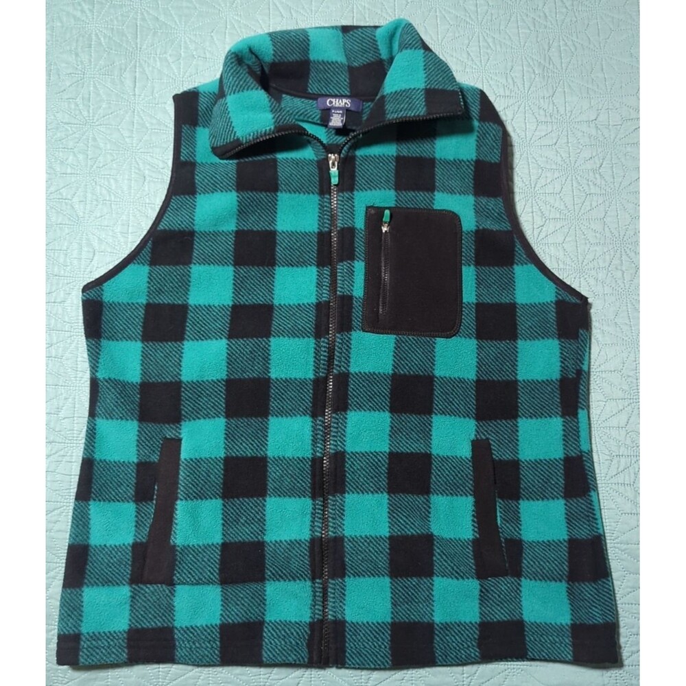 Chaps Women's Zip Up Collared Vest Sz L Petite Teal Black Buffalo Plaid Fleece